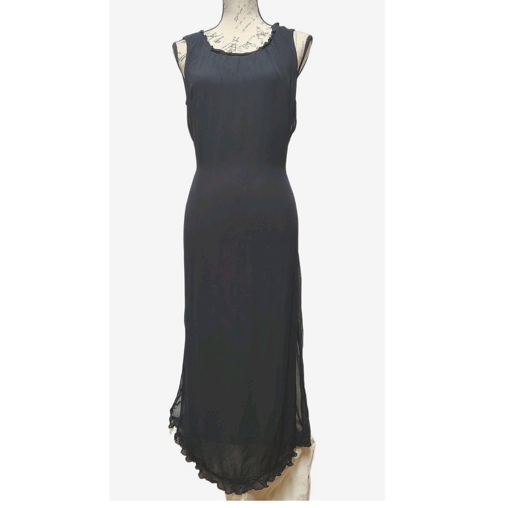 Vintage 90s Black Sleeveless Ruffle Maxi Dress M Boho Witchy Victoria Holley